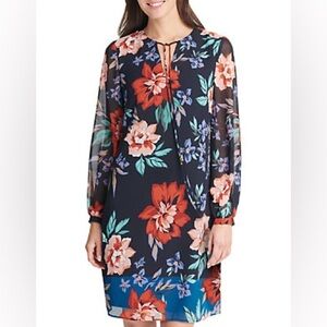Vince Camuto Chiffon Dress with neck tie floral designs size 10